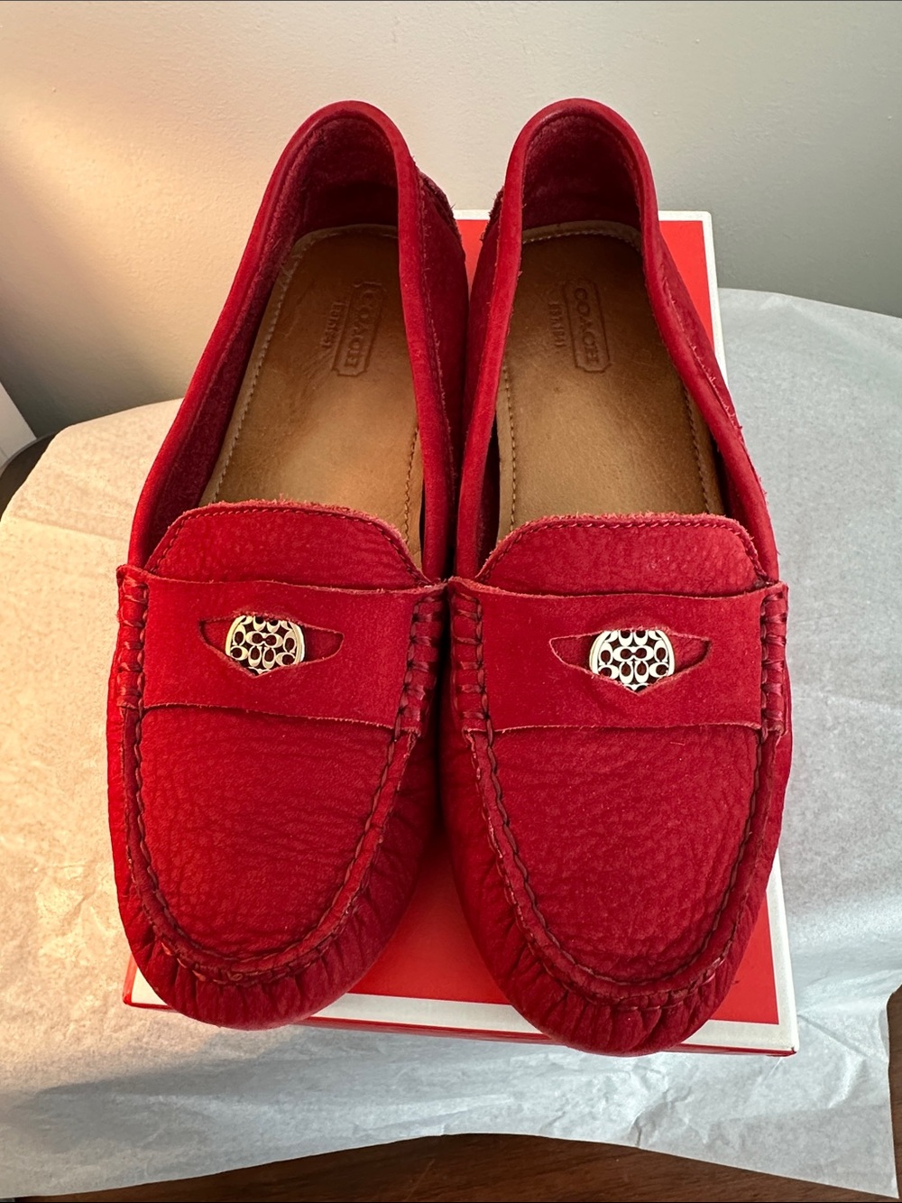 Coach Red Nubuck Driving Loafers with Decorative Bit - Picture 2 of 7